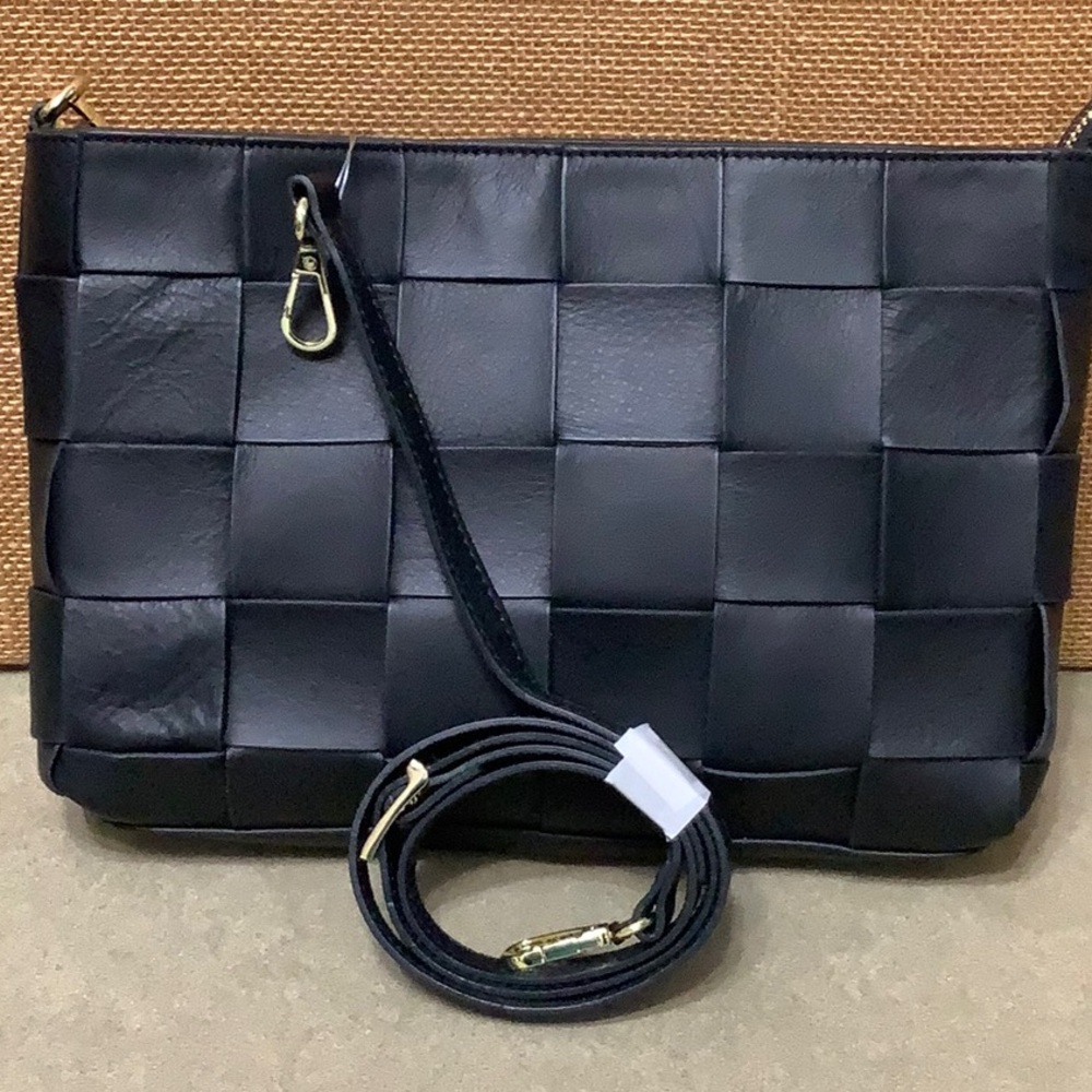 Anna Paola Basket Weave Luxury Black Leather Shoulder and Crossbody Bag - Picture 10 of 10